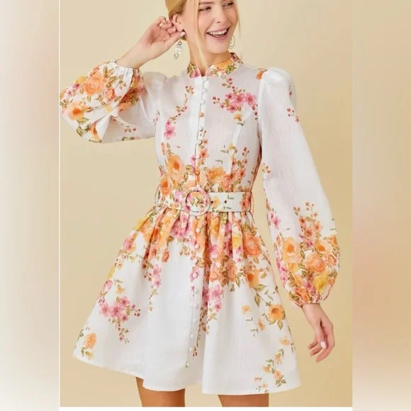 Mainstrip Amy Floral Print Dress Long Sleeve Holiday Mini White Medium No Belt - Picture 1 of 15